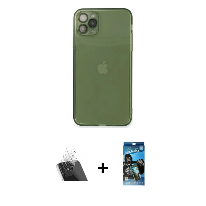 MARSİLYAN™- iPhone 11 Pro Max Kılıf Ahenk Doku - Siyah 34D Izgaralı Cam + Kamera Lens Koruma Cam - SF