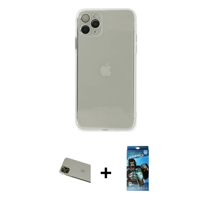 MARSİLYAN™- iPhone 11 Pro Max Kılıf Ahenk Doku - Siyah 34D Izgaralı Cam + Rainbow Kamera Lens Koruma Cam - YL