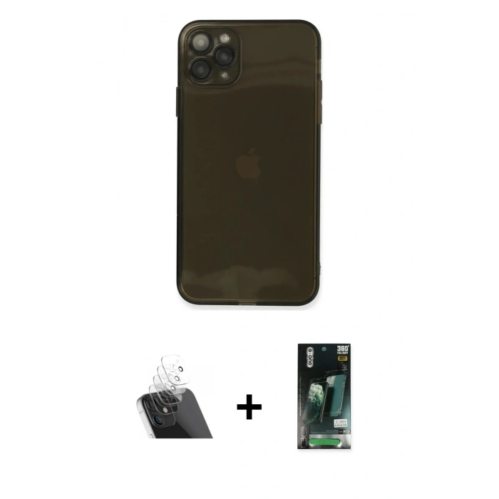 MARSİLYAN™- iPhone 11 Pro Max Kılıf Ahenk Doku - Siyah 360 Mat Full Body Arka Koruyucu + Kamera Lens Koruma Cam - SF