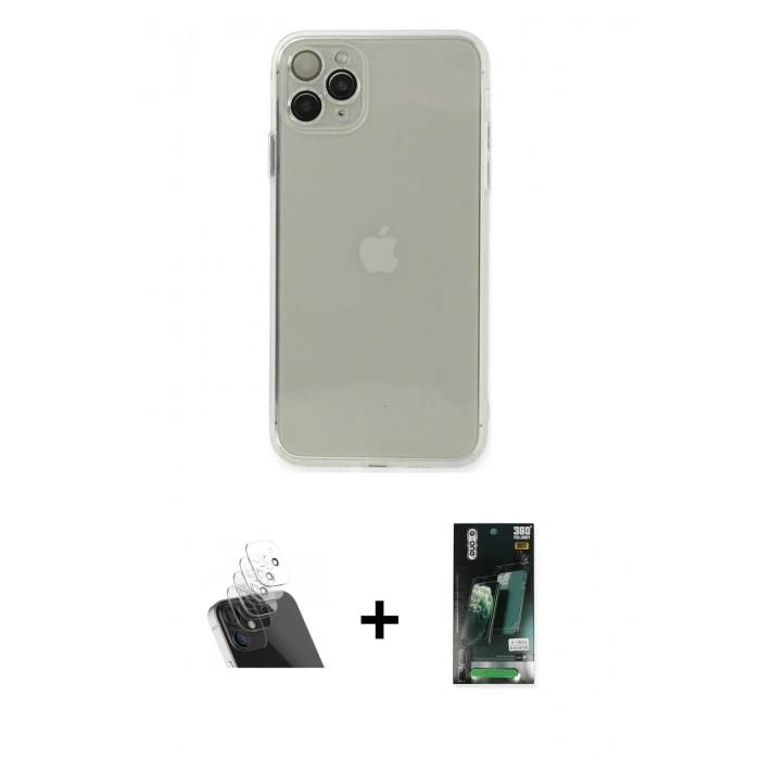 MARSİLYAN™- iPhone 11 Pro Max Kılıf Ahenk Doku - Siyah 360 Mat Full Body Arka Koruyucu + Kamera Lens Koruma Cam - SF