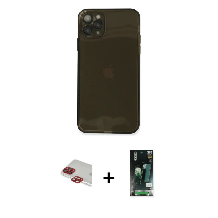 MARSİLYAN™- iPhone 11 Pro Max Kılıf Ahenk Doku - Siyah 360 Mat Full Body Arka Koruyucu + Pers Alüminyum Kamera Lens - KI