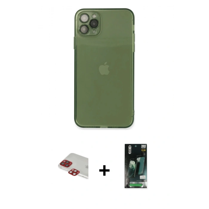 MARSİLYAN™- iPhone 11 Pro Max Kılıf Ahenk Doku - Siyah 360 Mat Full Body Arka Koruyucu + Pers Alüminyum Kamera Lens - KI
