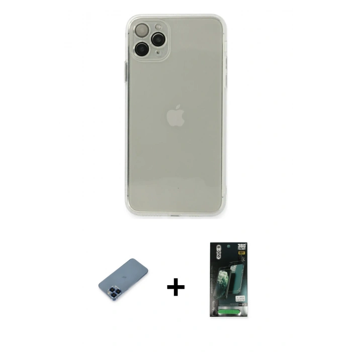 MARSİLYAN™- iPhone 11 Pro Max Kılıf Ahenk Doku - Siyah 360 Mat Full Body Arka Koruyucu + Mavi Metal Kamera Lens Koruma Cam