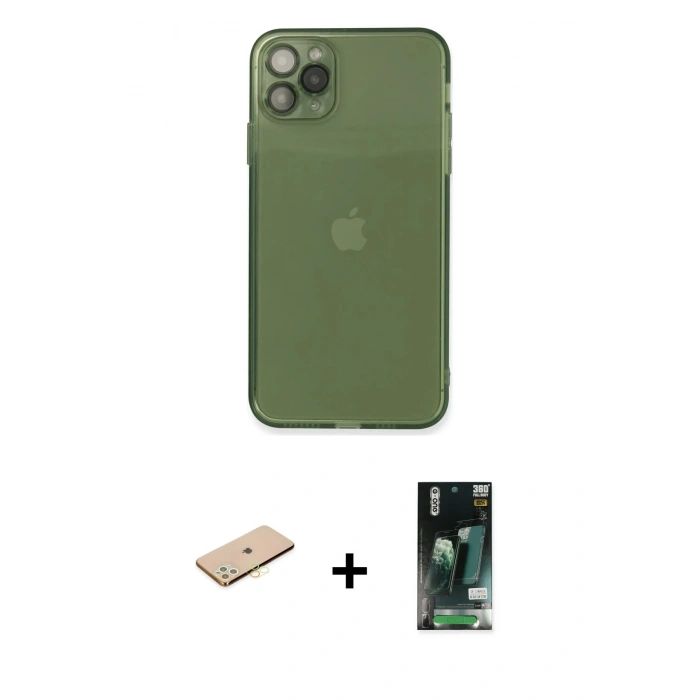 MARSİLYAN™- iPhone 11 Pro Max Kılıf Ahenk Doku - Siyah 360 Mat Full Body Arka Koruyucu + Renkli Kamera Lens Koruma Cam - SI