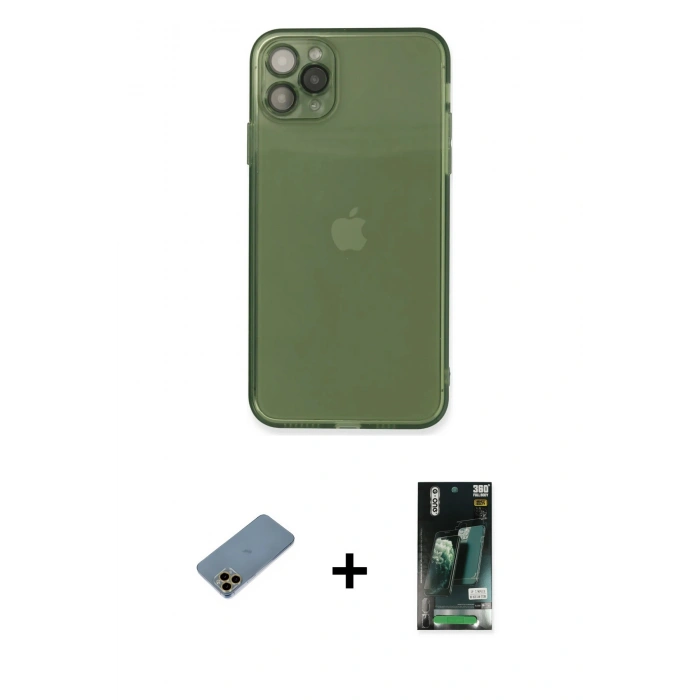 MARSİLYAN™- iPhone 11 Pro Max Kılıf Ahenk Doku - Siyah 360 Mat Full Body Arka Koruyucu + Shine Kamera Lens Koruma Cam - GD