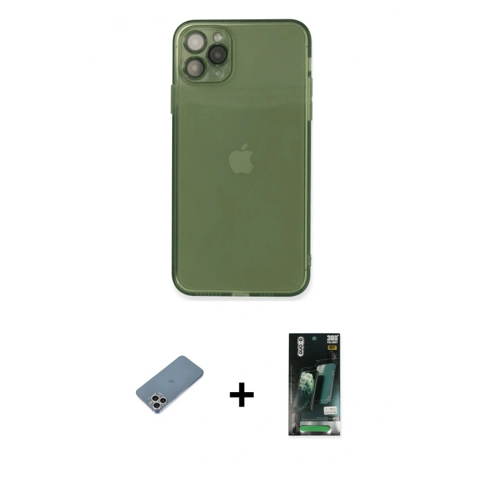 MARSİLYAN™- iPhone 11 Pro Max Kılıf Ahenk Doku - Siyah 360 Mat Full Body Arka Koruyucu + Shine Kamera Lens Koruma Cam - GS