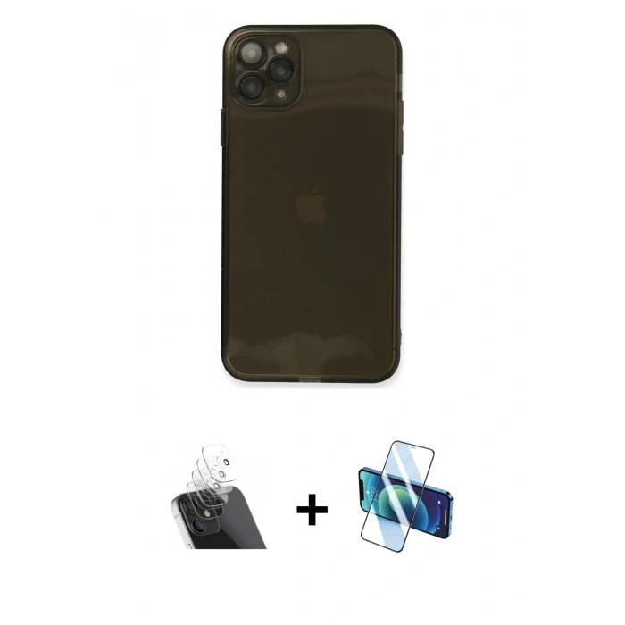 MARSİLYAN™- iPhone 11 Pro Max Kılıf Ahenk Doku - Siyah 3D Antistatik Cam Ekran Koruyucu + Kamera Lens Koruma Cam - SF