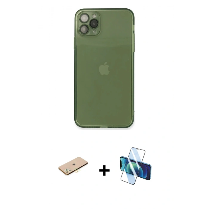 MARSİLYAN™- iPhone 11 Pro Max Kılıf Ahenk Doku - Siyah 3D Antistatik Cam Ekran Koruyucu + Renkli Kamera Lens Koruma Cam - SI
