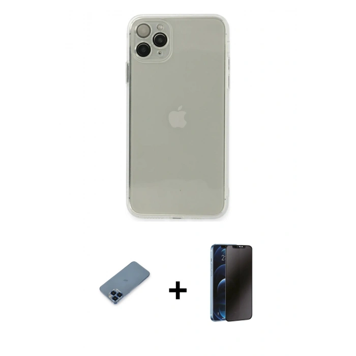 MARSİLYAN™- iPhone 11 Pro Max Kılıf Ahenk Doku - Siyah 3D Antistatik Hayalet Cam Ekran Koruyucu + Metal Kamera Lens Koruma Cam - MI