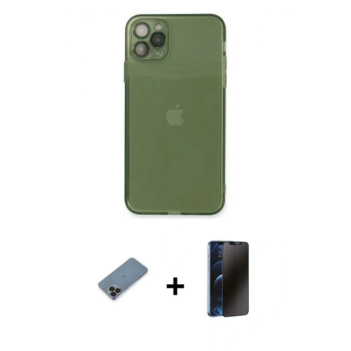 MARSİLYAN™- iPhone 11 Pro Max Kılıf Ahenk Doku - Siyah 3D Antistatik Hayalet Cam Ekran Koruyucu + Metal Kamera Lens Koruma Cam - SH