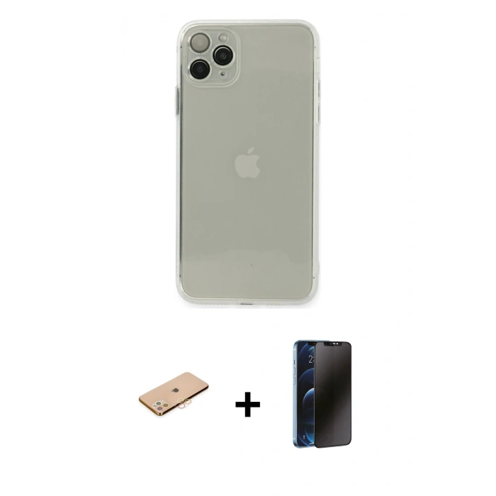 MARSİLYAN™- iPhone 11 Pro Max Kılıf Ahenk Doku - Siyah 3D Antistatik Hayalet Cam Ekran Koruyucu + Renkli Kamera Lens Koruma Cam - TU
