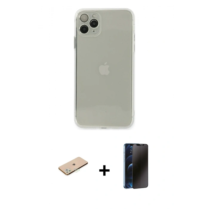 MARSİLYAN™- iPhone 11 Pro Max Kılıf Ahenk Doku - Siyah 3D Antistatik Hayalet Cam Ekran Koruyucu + Renkli Kamera Lens Koruma Cam - YL
