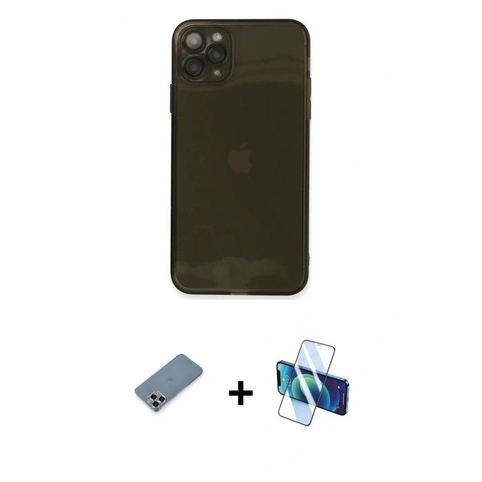 MARSİLYAN™- iPhone 11 Pro Max Kılıf Ahenk Doku - Siyah 3D Antistatik Seramik Nano Ekran Koruyucu + Metal Kamera Lens Koruma Cam - GD