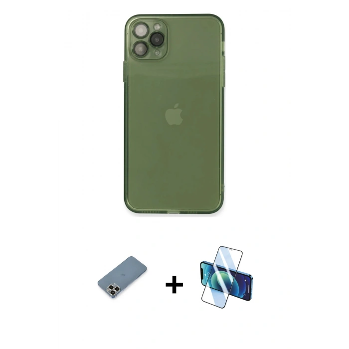 MARSİLYAN™- iPhone 11 Pro Max Kılıf Ahenk Doku - Siyah 3D Antistatik Seramik Nano Ekran Koruyucu + Metal Kamera Lens Koruma Cam - GD