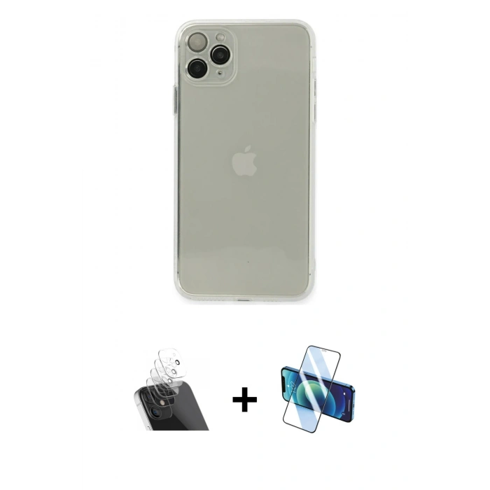 MARSİLYAN™- iPhone 11 Pro Max Kılıf Ahenk Doku - Siyah 3D Antistatik Seramik Nano Ekran Koruyucu + Kamera Lens Koruma Cam - SF