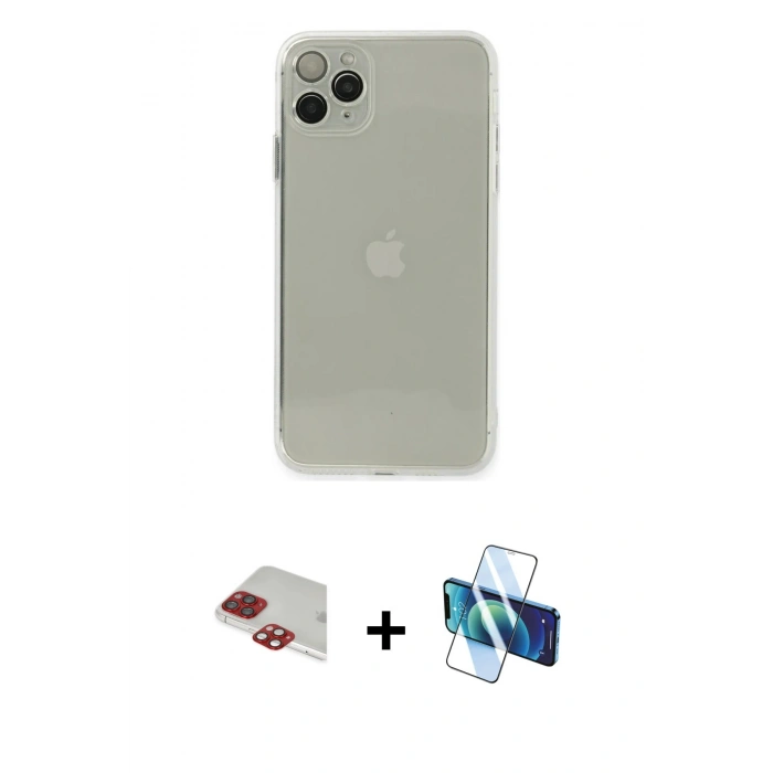 MARSİLYAN™- iPhone 11 Pro Max Kılıf Ahenk Doku - Siyah 3D Antistatik Seramik Nano Ekran Koruyucu + Pers Alüminyum Kamera Lens - KI