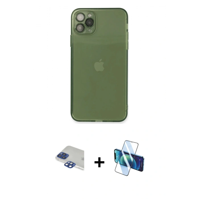 MARSİLYAN™- iPhone 11 Pro Max Kılıf Ahenk Doku - Siyah 3D Antistatik Seramik Nano Ekran Koruyucu + Lacivert Pers Alüminyum Kamera Lens