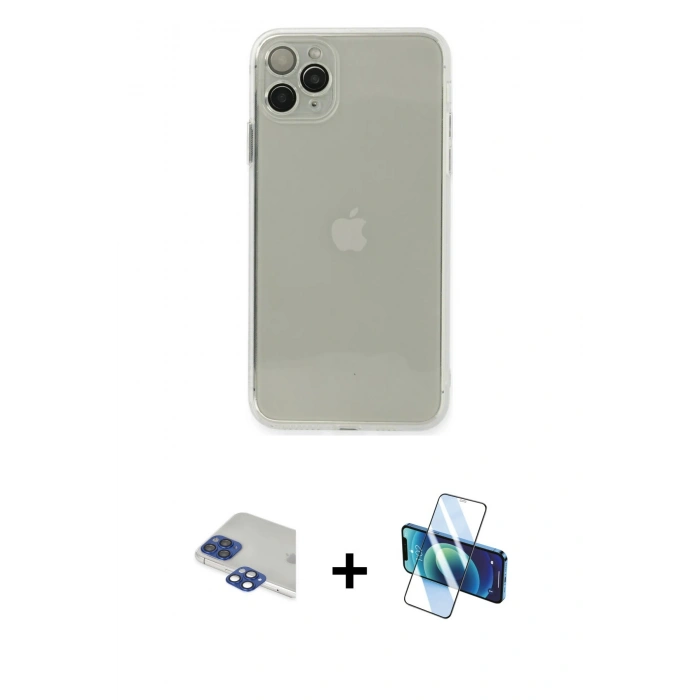 MARSİLYAN™- iPhone 11 Pro Max Kılıf Ahenk Doku - Siyah 3D Antistatik Seramik Nano Ekran Koruyucu + Lacivert Pers Alüminyum Kamera Lens