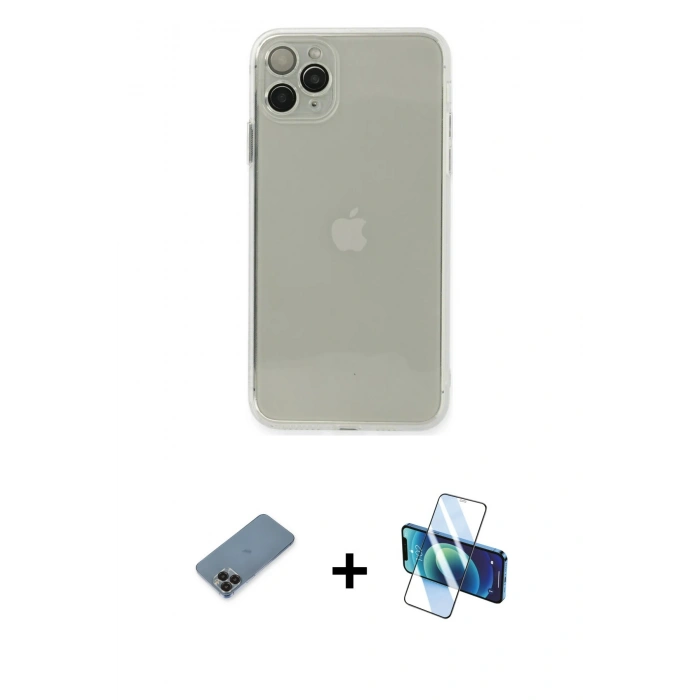 MARSİLYAN™- iPhone 11 Pro Max Kılıf Ahenk Doku - Siyah 3D Antistatik Seramik Nano Ekran Koruyucu + Metal Kamera Lens Koruma Cam - SH
