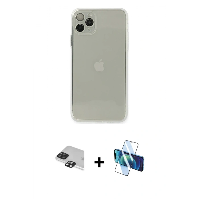 MARSİLYAN™- iPhone 11 Pro Max Kılıf Ahenk Doku - Siyah 3D Antistatik Seramik Nano Ekran Koruyucu + Pers Alüminyum Kamera Lens - SH