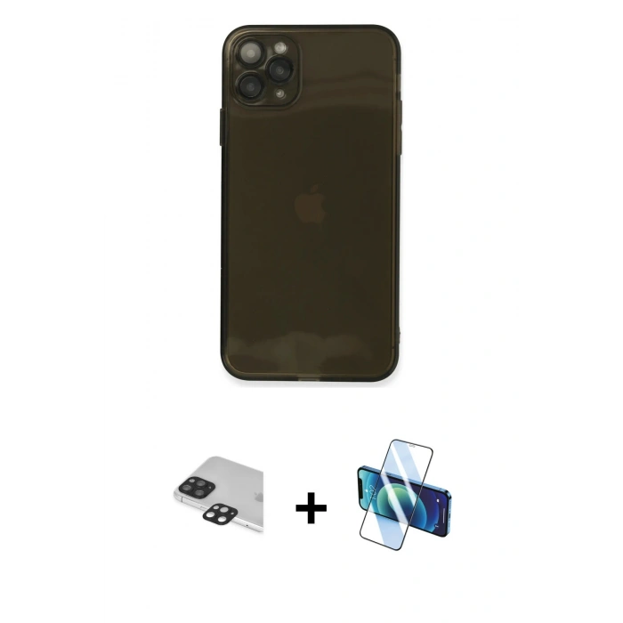 MARSİLYAN™- iPhone 11 Pro Max Kılıf Ahenk Doku - Siyah 3D Antistatik Seramik Nano Ekran Koruyucu + Pers Alüminyum Kamera Lens - SH