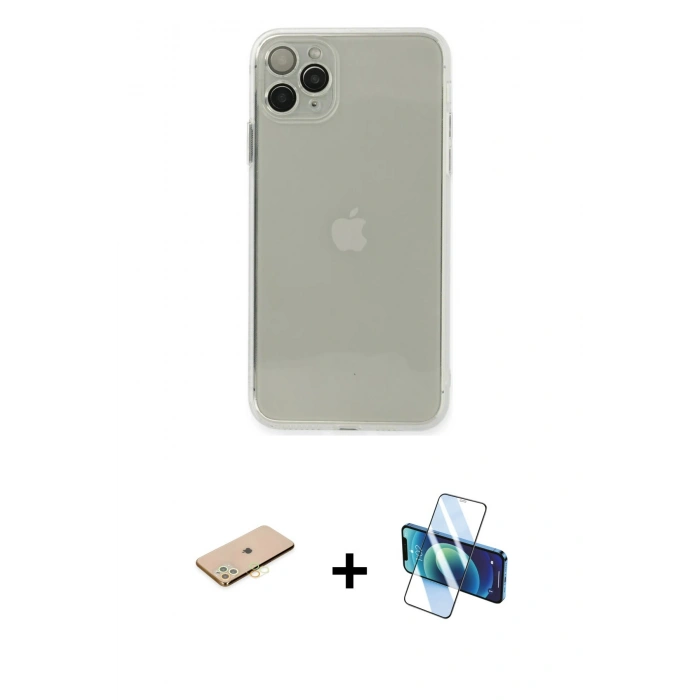 MARSİLYAN™- iPhone 11 Pro Max Kılıf Ahenk Doku - Siyah 3D Antistatik Seramik Nano Ekran Koruyucu + Renkli Kamera Lens Koruma Cam - SI