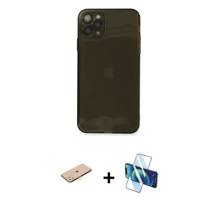 MARSİLYAN™- iPhone 11 Pro Max Kılıf Ahenk Doku - Siyah 3D Antistatik Seramik Nano Ekran Koruyucu + Renkli Kamera Lens Koruma Cam - SI