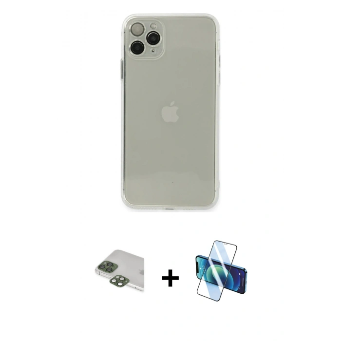 MARSİLYAN™- iPhone 11 Pro Max Kılıf Ahenk Doku - Siyah 3D Antistatik Seramik Nano Ekran Koruyucu + Pers Alüminyum Kamera Lens - YL