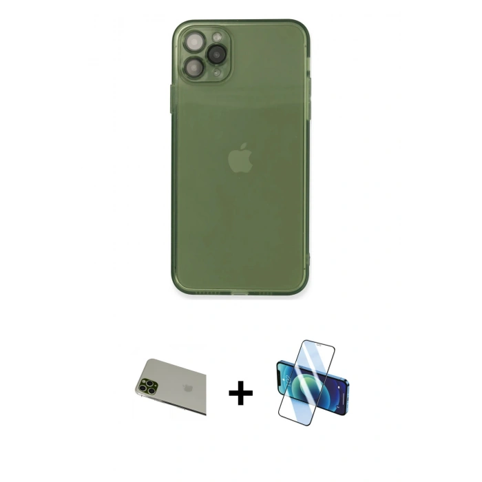 MARSİLYAN™- iPhone 11 Pro Max Kılıf Ahenk Doku - Siyah 3D Antistatik Seramik Nano Ekran Koruyucu + Rainbow Kamera Lens Koruma Cam - YL