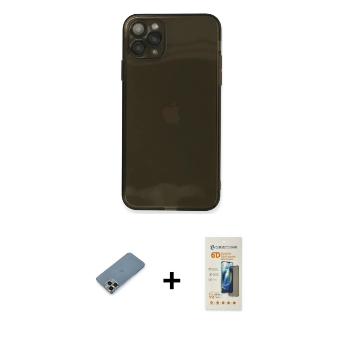 MARSİLYAN™- iPhone 11 Pro Max Kılıf Ahenk Doku - Siyah 6D Mat Seramik Hayalet Nano Ekran Koruyucu + Metal Kamera Lens Koruma Cam - AKYL