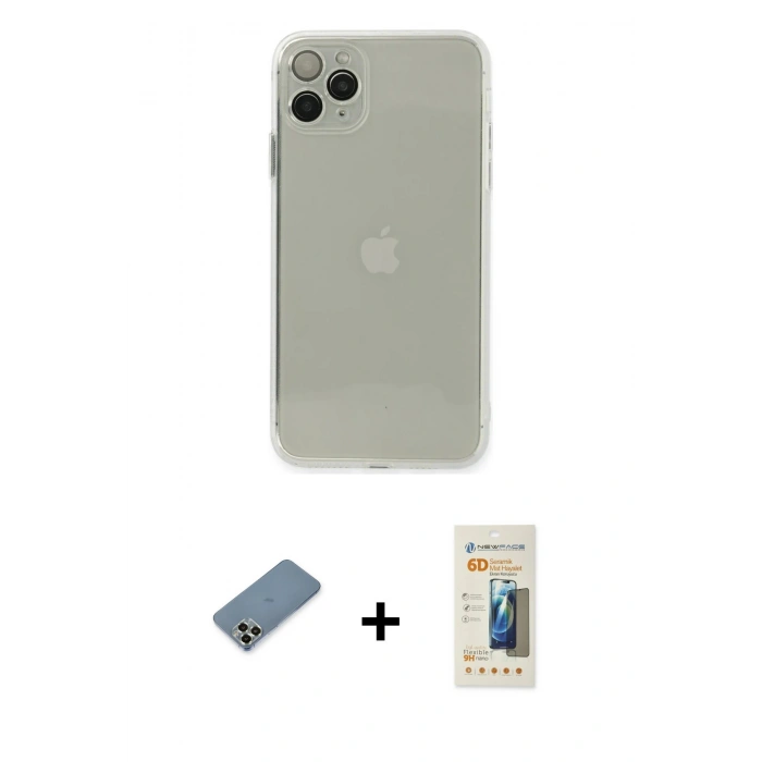 MARSİLYAN™- iPhone 11 Pro Max Kılıf Ahenk Doku - Siyah 6D Mat Seramik Hayalet Nano Ekran Koruyucu + Metal Kamera Lens Koruma Cam - AKYL