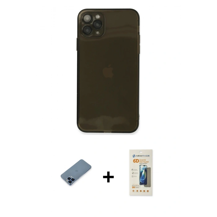 MARSİLYAN™- iPhone 11 Pro Max Kılıf Ahenk Doku - Siyah 6D Mat Seramik Hayalet Nano Ekran Koruyucu + Metal Kamera Lens Koruma Cam - MI