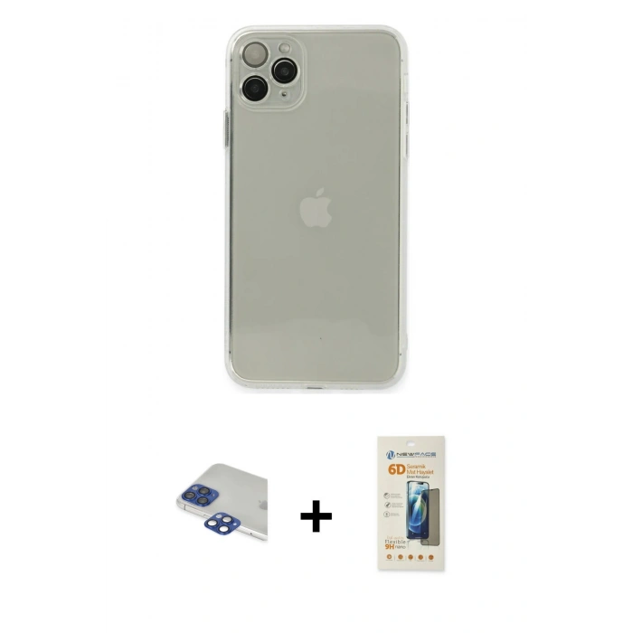 MARSİLYAN™- iPhone 11 Pro Max Kılıf Ahenk Doku - Siyah 6D Mat Seramik Hayalet Nano Ekran Koruyucu + Pers Alüminyum Kamera Lens - LT