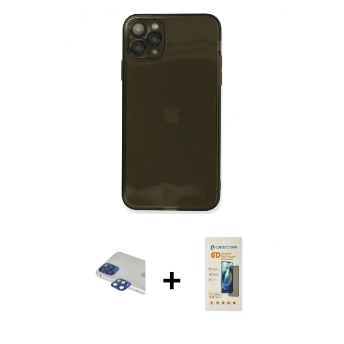 MARSİLYAN™- iPhone 11 Pro Max Kılıf Ahenk Doku - Siyah 6D Mat Seramik Hayalet Nano Ekran Koruyucu + Pers Alüminyum Kamera Lens - LT