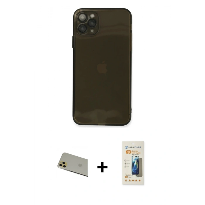 MARSİLYAN™- iPhone 11 Pro Max Kılıf Ahenk Doku - Siyah 6D Mat Seramik Hayalet Nano Ekran Koruyucu + Rainbow Kamera Lens Koruma Cam - GD