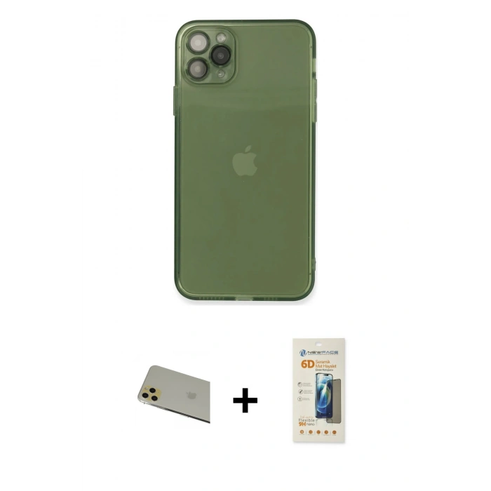 MARSİLYAN™- iPhone 11 Pro Max Kılıf Ahenk Doku - Siyah 6D Mat Seramik Hayalet Nano Ekran Koruyucu + Rainbow Kamera Lens Koruma Cam - GD