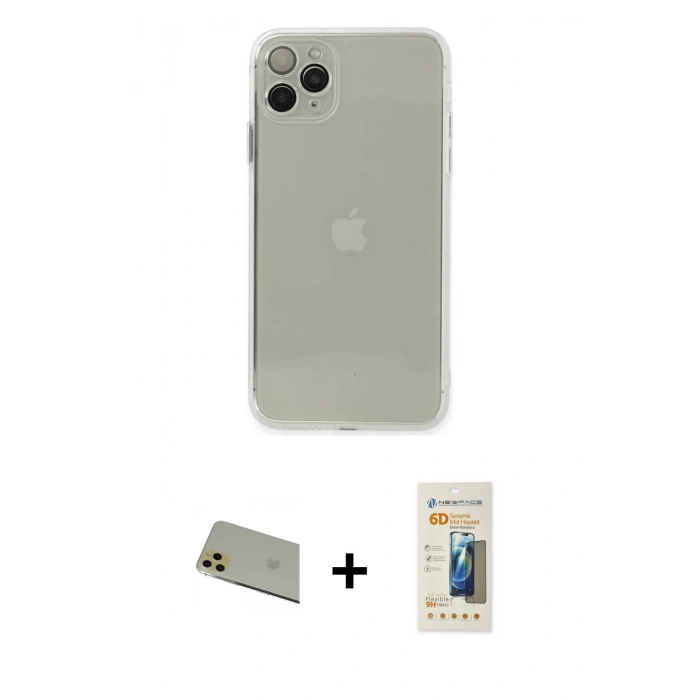 MARSİLYAN™- iPhone 11 Pro Max Kılıf Ahenk Doku - Siyah 6D Mat Seramik Hayalet Nano Ekran Koruyucu + Rainbow Kamera Lens Koruma Cam - GD