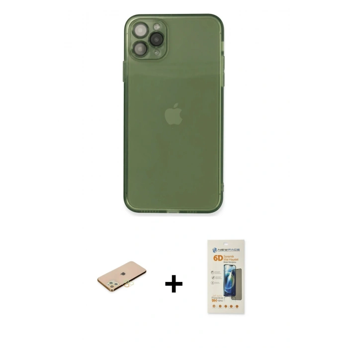 MARSİLYAN™- iPhone 11 Pro Max Kılıf Ahenk Doku - Siyah 6D Mat Seramik Hayalet Nano Ekran Koruyucu + Renkli Kamera Lens Koruma Cam - SI