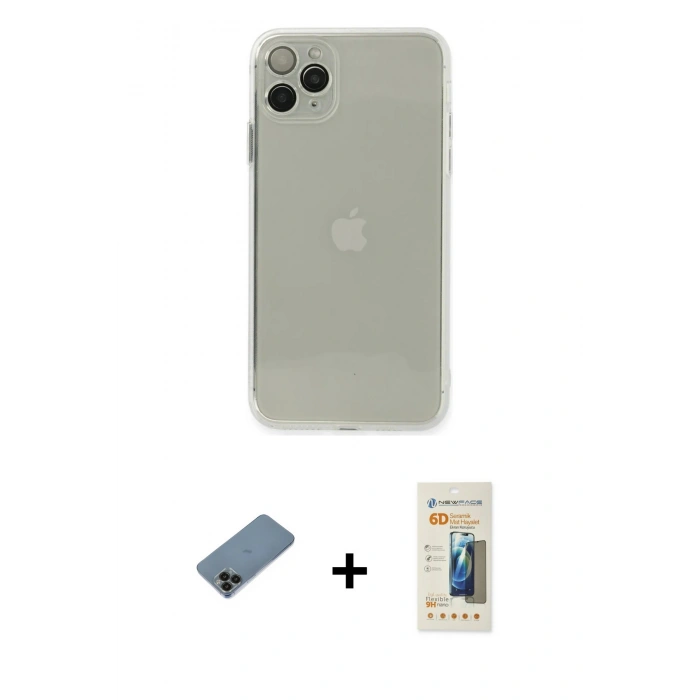 MARSİLYAN™- iPhone 11 Pro Max Kılıf Ahenk Doku - Siyah 6D Mat Seramik Hayalet Nano Ekran Koruyucu + Siyah Shine Kamera Lens Koruma Cam