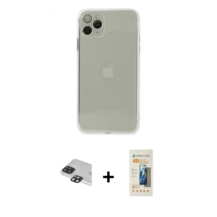 MARSİLYAN™- iPhone 11 Pro Max Kılıf Ahenk Doku - Siyah 6D Mat Seramik Hayalet Nano Ekran Koruyucu + Pers Alüminyum Kamera Lens - SH