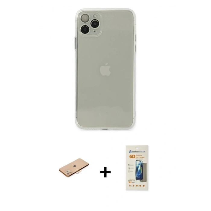 MARSİLYAN™- iPhone 11 Pro Max Kılıf Ahenk Doku - Siyah 6D Mat Seramik Hayalet Nano Ekran Koruyucu + Turuncu Renkli Kamera Lens Koruma Cam