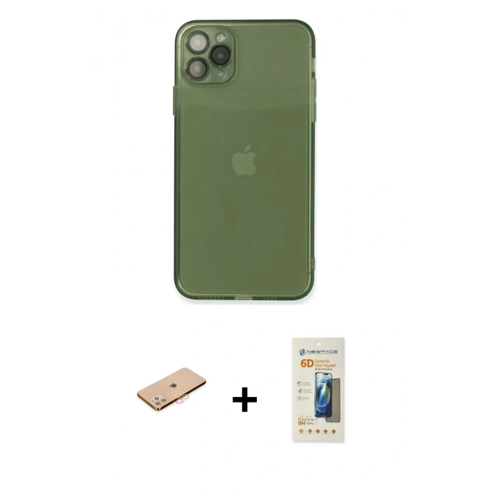 MARSİLYAN™- iPhone 11 Pro Max Kılıf Ahenk Doku - Siyah 6D Mat Seramik Hayalet Nano Ekran Koruyucu + Turuncu Renkli Kamera Lens Koruma Cam