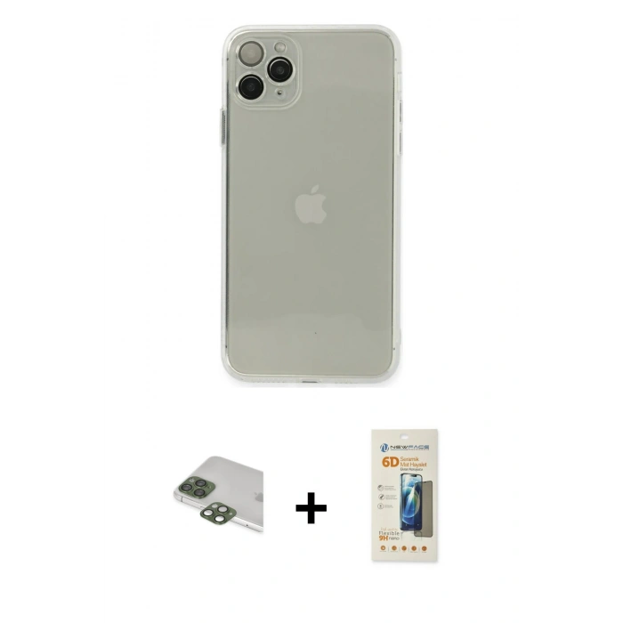 MARSİLYAN™- iPhone 11 Pro Max Kılıf Ahenk Doku - Siyah 6D Mat Seramik Hayalet Nano Ekran Koruyucu + Yeşil Pers Alüminyum Kamera Lens