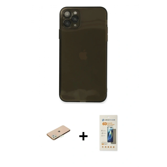 MARSİLYAN™- iPhone 11 Pro Max Kılıf Ahenk Doku - Siyah 6D Mat Seramik Hayalet Nano Ekran Koruyucu + Yeşil Renkli Kamera Lens Koruma Cam