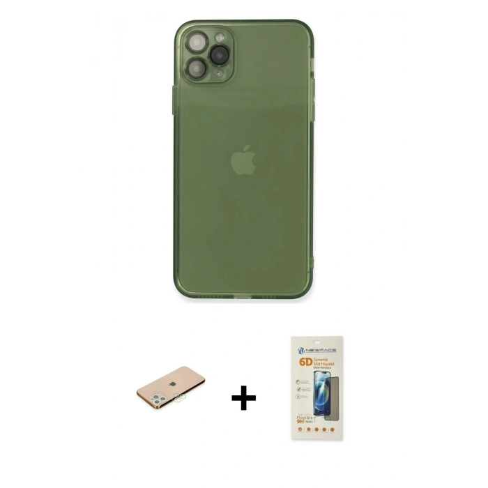 MARSİLYAN™- iPhone 11 Pro Max Kılıf Ahenk Doku - Siyah 6D Mat Seramik Hayalet Nano Ekran Koruyucu + Yeşil Renkli Kamera Lens Koruma Cam