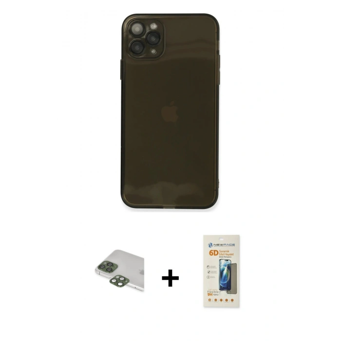 MARSİLYAN™- iPhone 11 Pro Max Kılıf Ahenk Doku - Siyah 6D Mat Seramik Hayalet Nano Ekran Koruyucu + Yeşil Pers Alüminyum Kamera Lens
