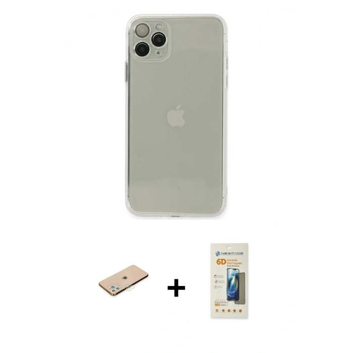 MARSİLYAN™- iPhone 11 Pro Max Kılıf Ahenk Doku - Siyah 6D Mat Seramik Hayalet Nano Ekran Koruyucu + Yeşil Renkli Kamera Lens Koruma Cam
