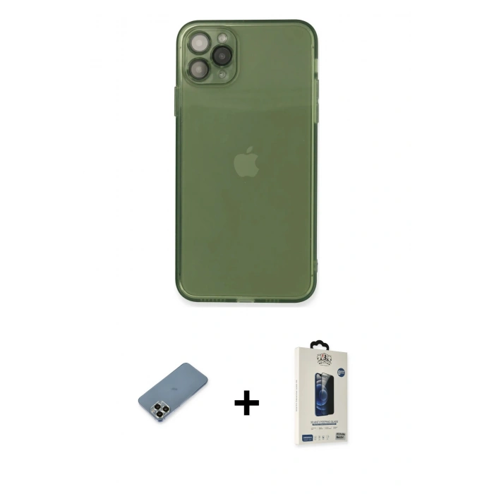 MARSİLYAN™- iPhone 11 Pro Max Kılıf Ahenk Doku - Siyah Bilvis Hayalet Cam Ekran Koruyucu + Açık Yeşil Metal Kamera Lens Koruma Cam