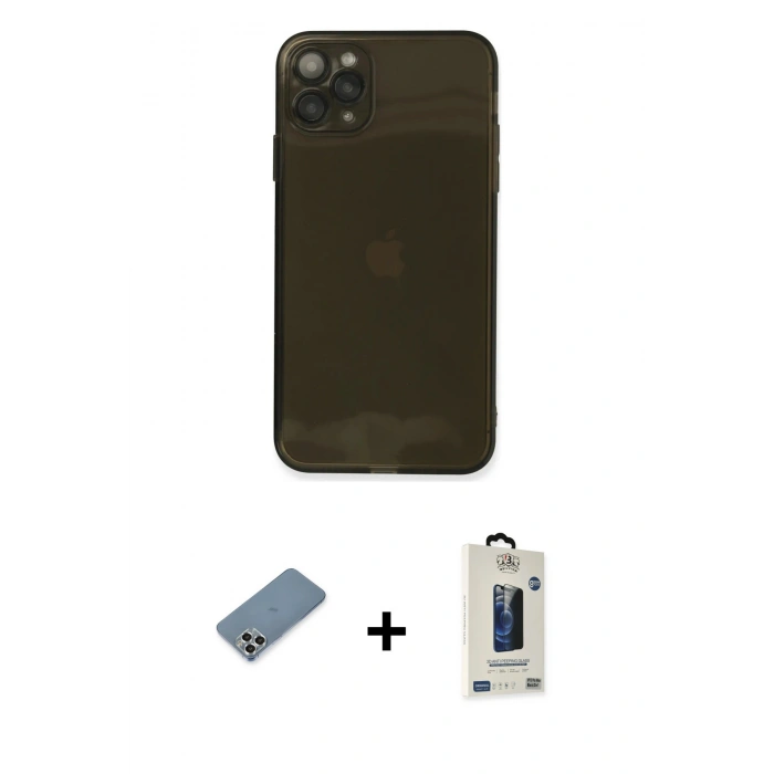 MARSİLYAN™- iPhone 11 Pro Max Kılıf Ahenk Doku - Siyah Bilvis Hayalet Cam Ekran Koruyucu + Metal Kamera Lens Koruma Cam - GS