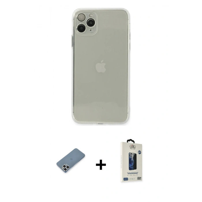 MARSİLYAN™- iPhone 11 Pro Max Kılıf Ahenk Doku - Siyah Bilvis Hayalet Cam Ekran Koruyucu + Metal Kamera Lens Koruma Cam - GS
